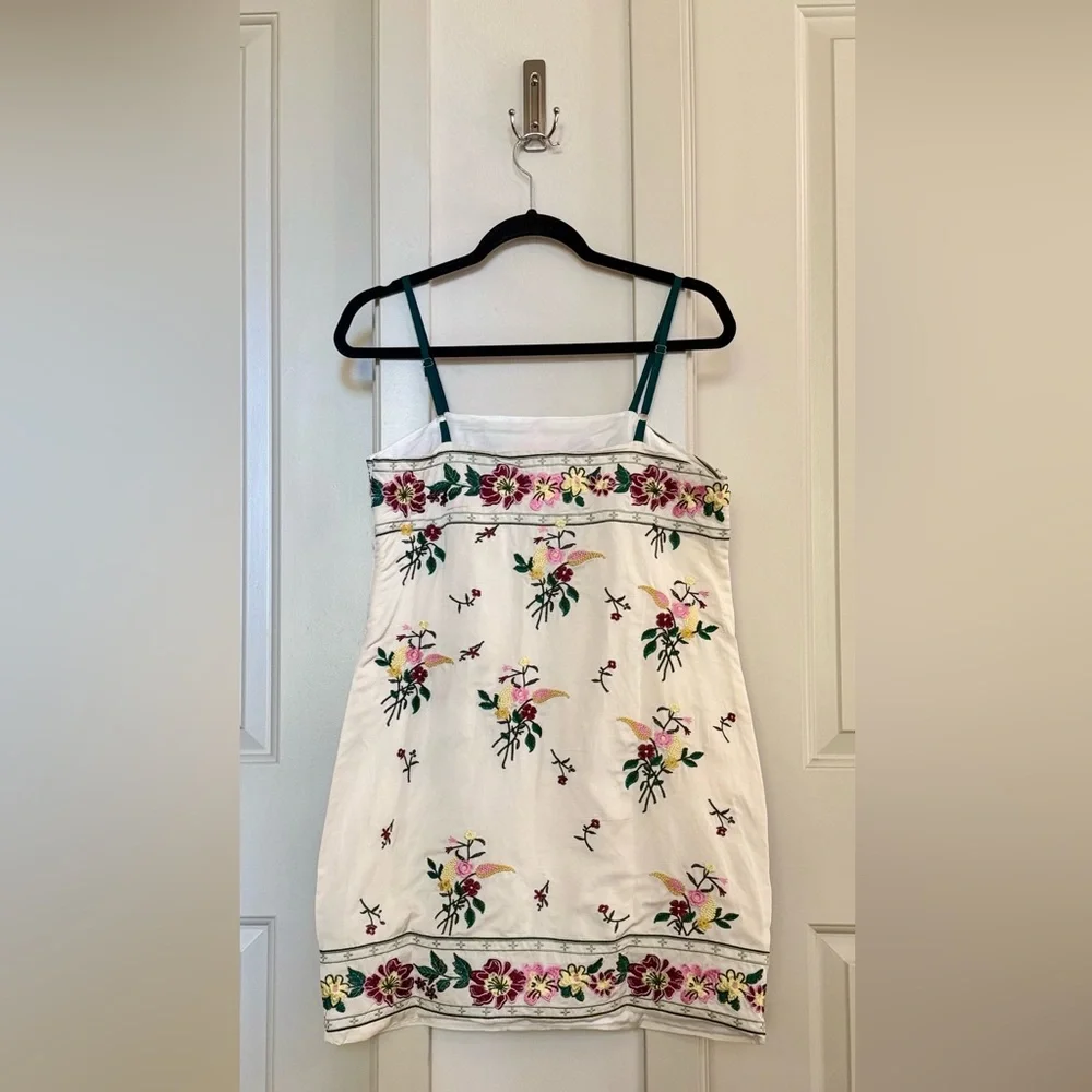 Embroidered Floral Slip Dress, Cream with Pink & Green Detail, Size Small - Picture 2 of 5
